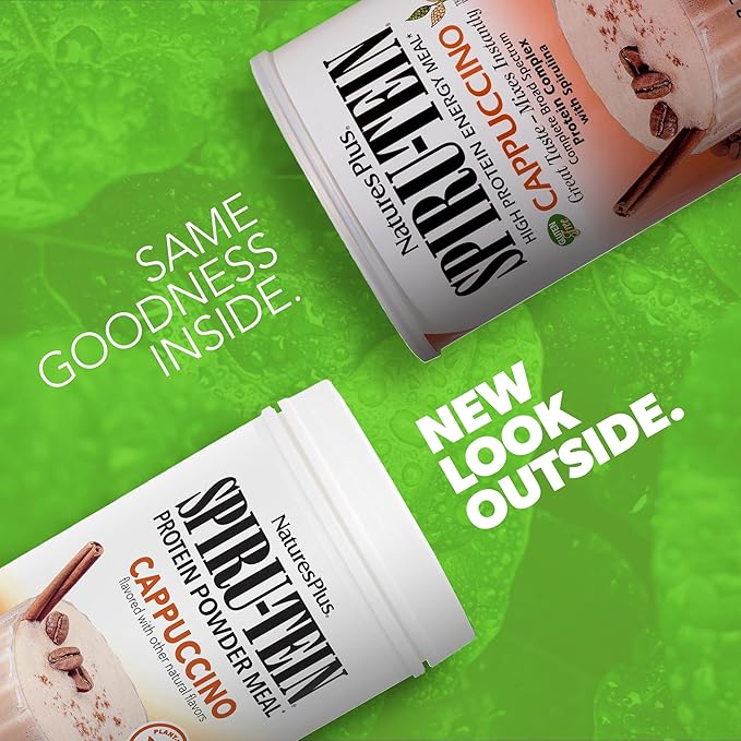 NaturesPlus SPIRU-TEIN Cappuccino - 2.2 lbs - Plant-Based Protein Shake - Non-GMO Vegetarian Gluten Free - 32 Servings
