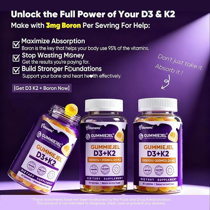 1 Pack Kids Calcium Gummies + 1 Pack D3 K2 Gummies Vitamin D3 10000 IU + K2 (MK7) 120mcg