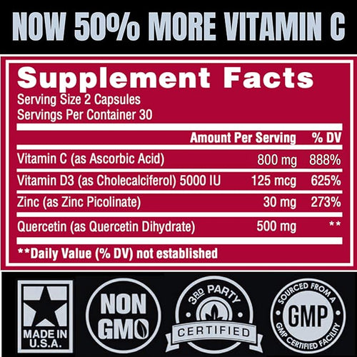 (2 Pack) Zinc Quercetin Vitamin C 800 mg with Vitamin D3 Antioxidant Immune Support High Potency Quercetin Zinc Supplement for Men and Women - Gluten Soy &amp Dairy Free - 120 Count (Twin Pack)
