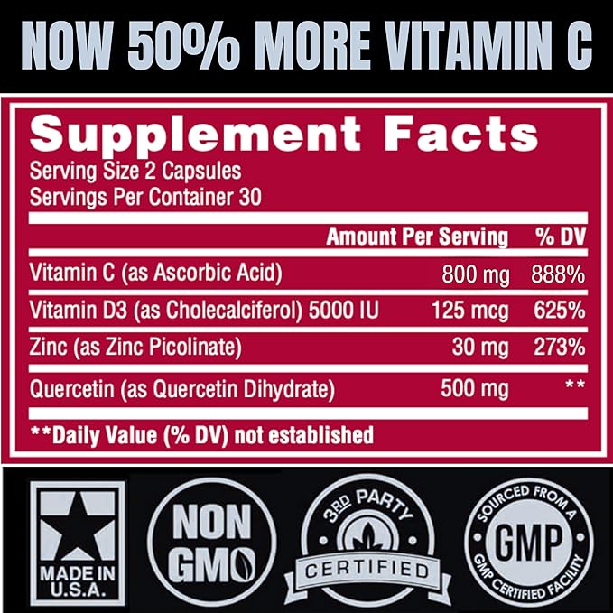 Zinc Quercetin Vitamin C 800 mg with Vitamin D3 Antioxidant Immune Support High Potency Quercetin Zinc Supplement for Men and Women - Gluten Soy &amp Dairy Free - 60 Count (Pack of 1)