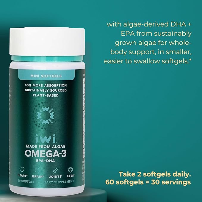 Iwi Omega-3 Minis &amp Brain Omega-3 Bundle 30 Servings Vegan Plant-Based Algae Omega 3 with EPA + DHA Krill &amp Fish Oil Alternative No Fishy Aftertaste