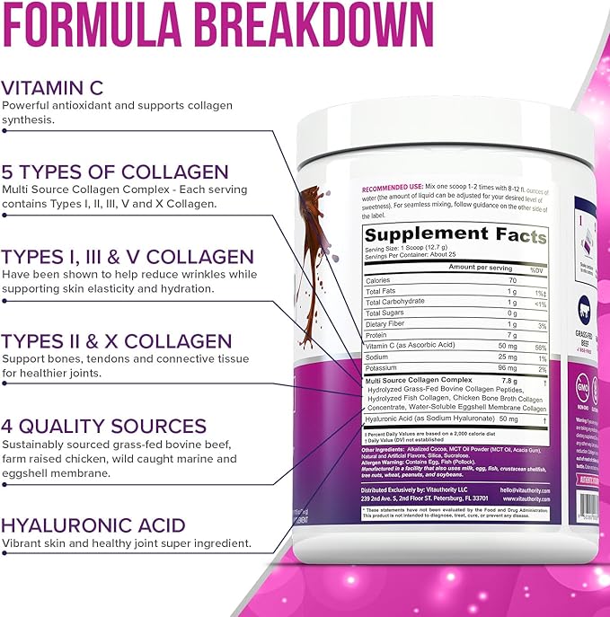 Multi Collagen Peptides Powder for Women - Hydrolyzed Chocolate Collagen Powder for Women with Types I II III V &amp X Vitamin C &amp Hyaluronic Acid for Hair Skin and Nails (Chocolate) - 25 Serving