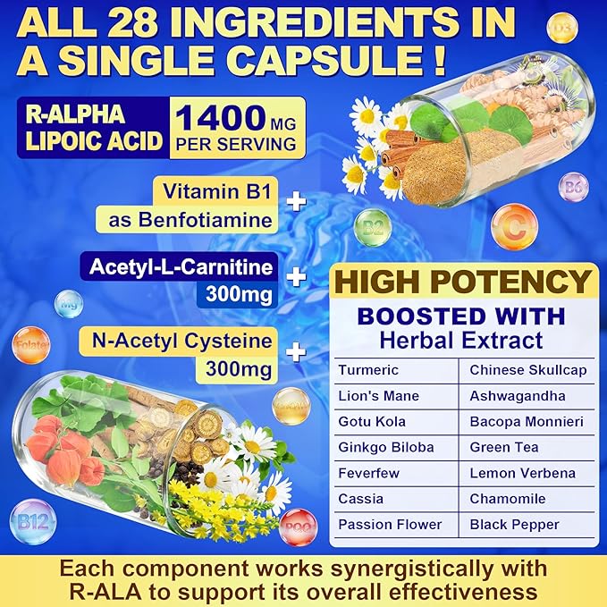 1400MG R Alpha Lipoic Acid 28-in-1 Stabilized ALA Supplements Neuropathy Supplements with L-Carnitine NAC &amp B-Complex R-ALA Supplement Antioxidant for Nerve Brain Energy丨Vegan 120 Capsules