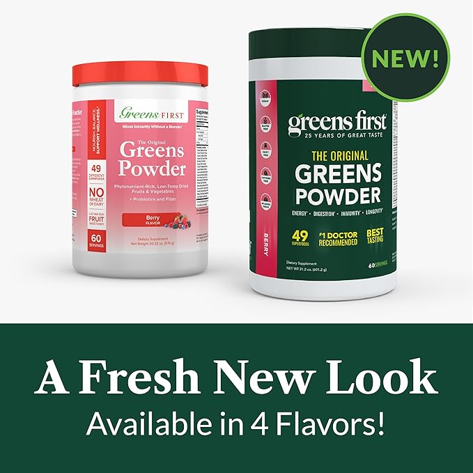 Greens First Original Greens Powder - 49 Superfoods - Organic Fruits &amp Veggies - Prebiotics Probiotics &amp Digestive Enzymes - Antioxidant Smoothie - Dairy Free Vegan &amp Non-GMO (Berry 60