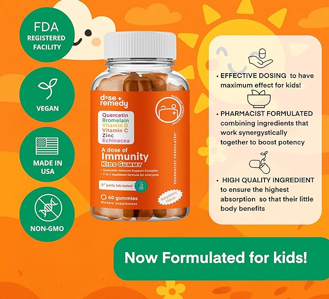 A Dose of Immunity Kids Quercetin with Vitamin C Zinc Vitamin D 100mg Quercetin Bromelain Echinacea 60 Gummy Count (Pack of 1)