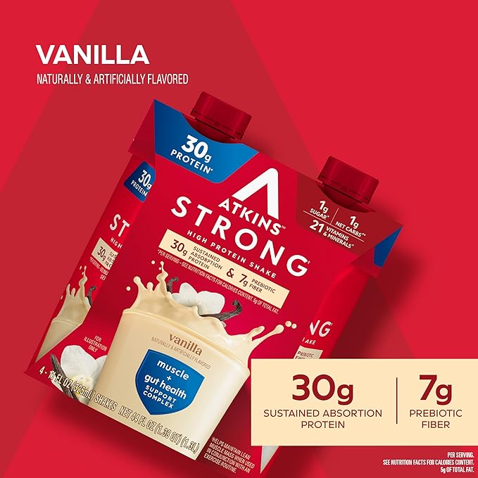 Atkins Strong High Protein ShakeVanilla Flavored30g ProteinLow Carb and Low Sugar ShakeKeto FriendlyGluten FreeMuscle and Gut Health Support Complex(Pack of 24)