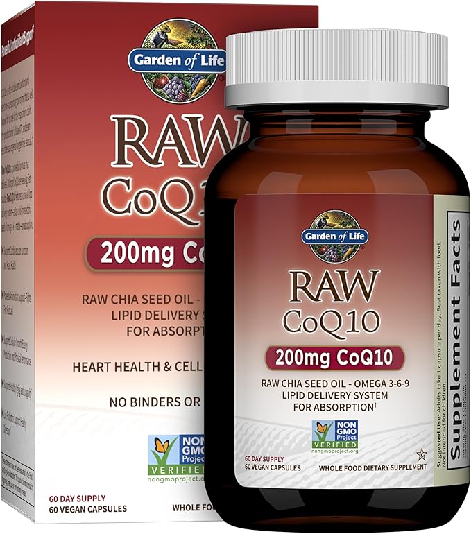 Garden of Life CoQ10 200mg Vegetarian Omega 3 6 9 Supplement Raw Co Q 10 Chia Seed Oil Whole Food Nutrition with Antioxidant Support Coenzyme q10 Supplement for Heart Health 60 Capsules