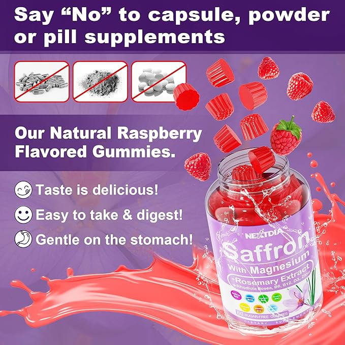 Saffron with Magnesium Glycinate Gummies 2 Months Supply -Sugar Free Magnesium 400/200mg w/SaffronRhodiolaRosemary B6B12D3 for S-leep CalmFocus Relax Nerve Melatonin Free Gummies