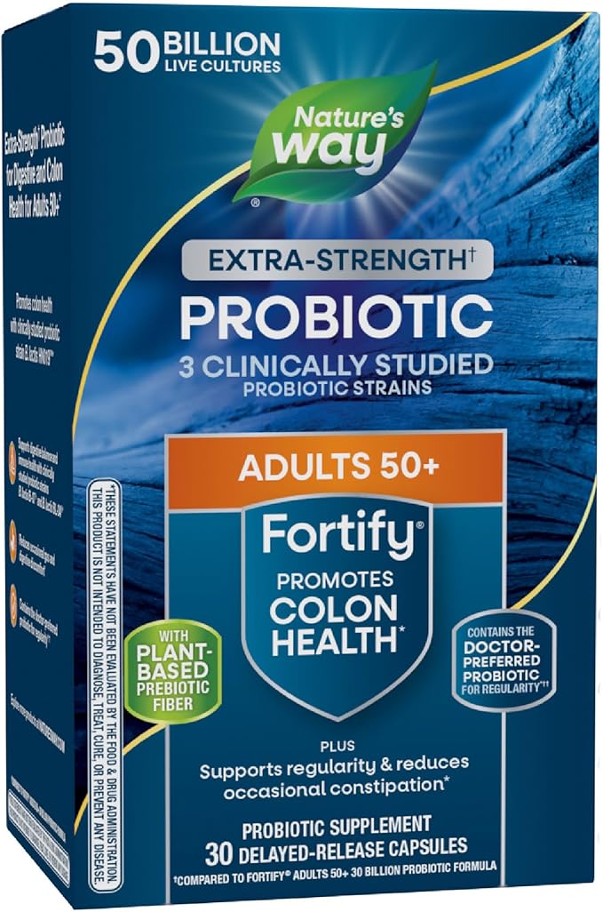 Nature’s Way Fortify Extra Strength(1) Probiotic Adults 50+ 50 Billion Live Cultures Prebiotics Probiotics for Digestive Health* Immune Support* Colon Health* 30 Capsules