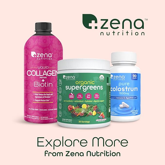Zena Nutrition Liquid Collagen Peptides and Biotin 2500mg Verisol Bioactive Collagen Peptides 5000mcg Biotin Hair Skin Nail Supplement for Women and Men Mixed Berry 90 Servings 30 fl oz