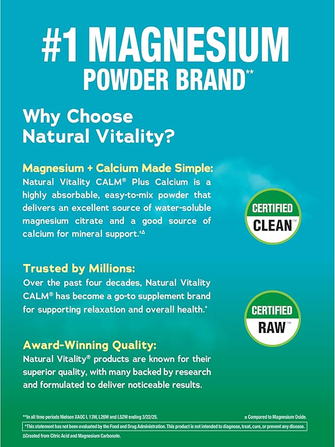Natural Vitality Calm Magnesium Citrate &amp Calcium Supplement Drink Mix Powder Supports a Healthy Response to Stress Gluten Free Vegan &amp Non-GMO Original 16 oz