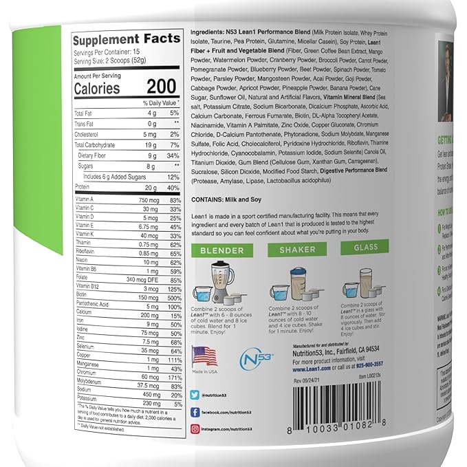 Nutrition 53 Lean 1 Fat Burning Protein Shake Vanilla Flavor 15 Serving Tub