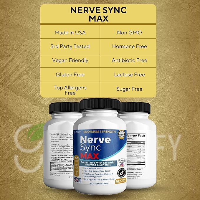 Nerve Sync MAX Supplement 60 Capsules Vegan Friendly with Essential Vitamins &amp Minerals for Nerve Health. (2)
