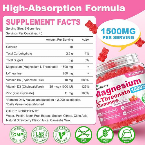 180 Count Magnesium L-Threonate Gummies 1500mg High Absorption Magnesium Threonate Supplement for Adults &amp Kids Support Brain Health Memory Focus Restful zzZ &amp Muscle Sugar Free Vegan
