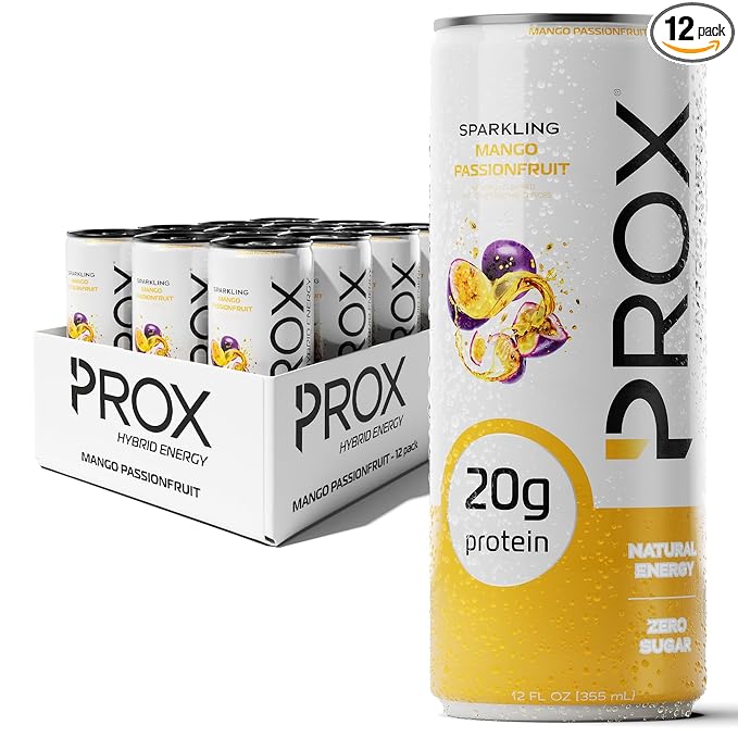 PROX Hybrid Energy Drink with 20g Protein Zero Sugar 200mg Natural Caffeine 90 Calories 12 Pack (Mango Passionfruit)