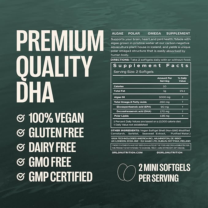 Orlo DHA Supplement 1000mg - 3X Absorption Natural Icelandic Nordic Omega 3 DHA &amp EPA for Brain &amp Eye Support – Vegan Fish Oil Alternative No Fishy Aftertaste 60 Easy-to-Swallow Mini Softgel