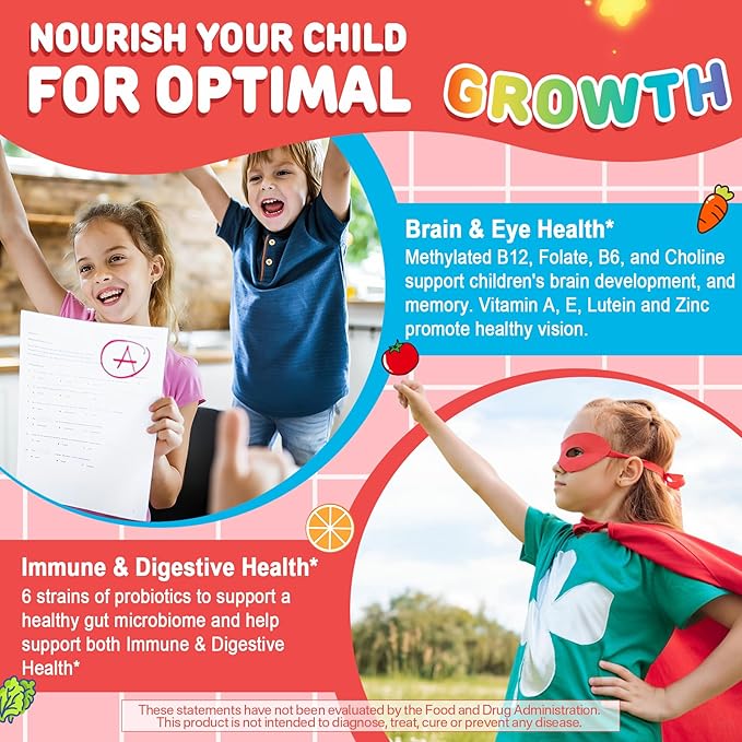 Kids Multivitamin Gummies + Calcium Probiotics Vitamin D3 C Methylated B12 &amp Methylfolate B6 A K2 E Zinc Prebiotics for Children Ages 4+ Clean &amp Sugar Free for Nutritional Support