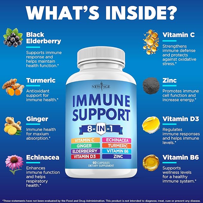 NEW AGE 8 in 1 Immune Support Booster Supplement with Echinacea Vitamin C and Zinc 50mg Vitamin D 5000 IU Turmeric Curcumin &amp Ginger B6 Elderberry 120 Count (Pack of 2)