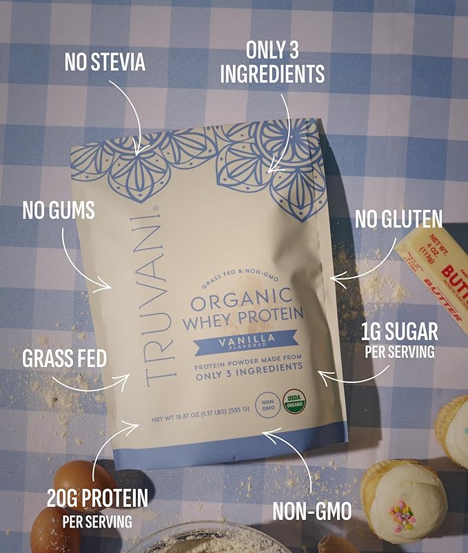 Truvani Organic Whey Protein Powder | Vanilla | 20g Grass Fed Whey Protein | 20 Servings | USDA Organic &amp Non-GMO | Gluten Free | No Gums No Soy No Stevia No Added Sugars