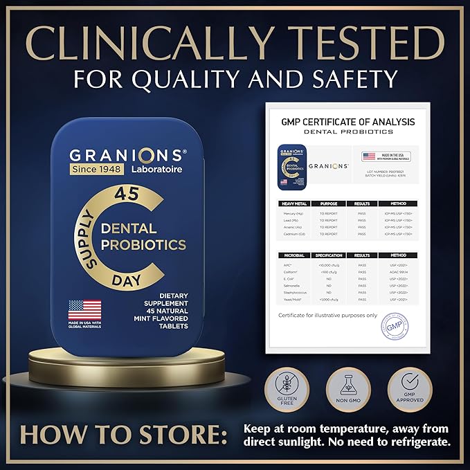 Granions Oral Probiotic Mints - Best Breath Freshener with Lactobacillus Salivarius - 3 Billion CFU for Dental Probiotics for Teeth and Gums - Oral Health Probiotics for Bad Breath - 45 Tablets