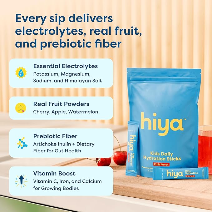 HIYA Kids Hydration with Electrolytes - Zero Added Sugar Fruit Punch Flavored Kids Hydration Packets - 15 Sticks - Travel-Friendly Drink Mix for Children Ages 2+