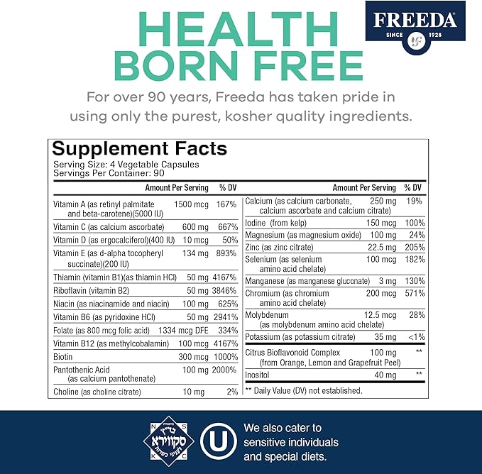 FREEDA Maximum Strength Multivitamin – High Potency Daily Supplement for Active Adults (Men &amp Women) – Iron Free – SCD Diet Compatible – 120 Capsules – Ultra Freeda