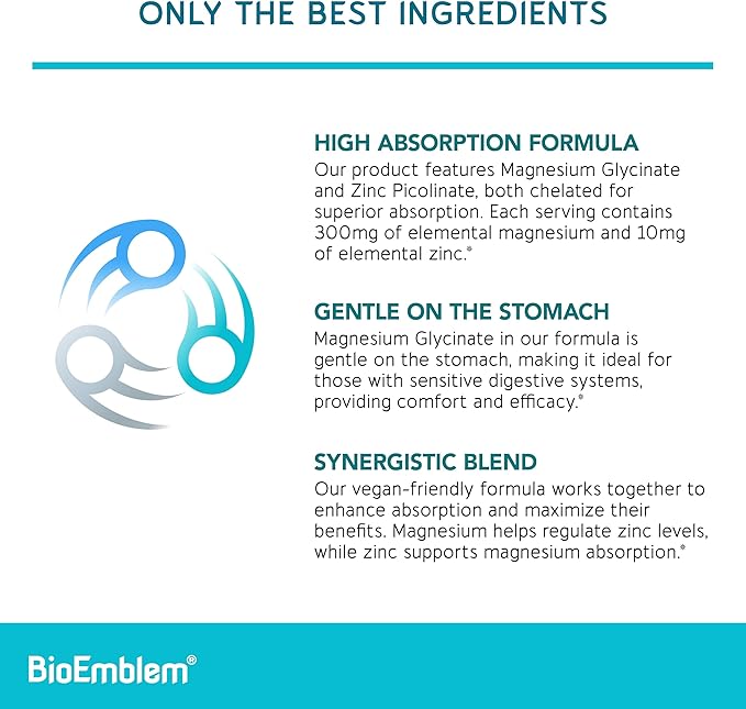 BioEmblem Magnesium Glycinate with Zinc - 300mg Chelated Magnesium Supplement - High Absorption Vegan Non-GMO 2-in-1 Complex - Immune Support Muscles Nerves - 90 Capsules
