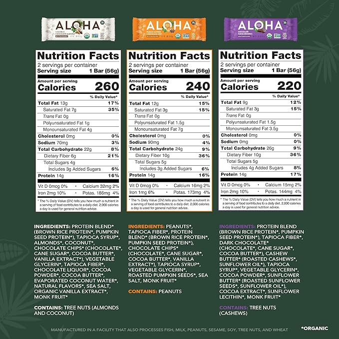 ALOHA Organic Plant Based Protein Bars - 6 Flavor Variety Pack - 12 Count 1.9oz Bars - Vegan Snacks Low Sugar Gluten-Free Low Carb Paleo Non-GMO Stevia-Free No Sugar Alcohol Sweeteners