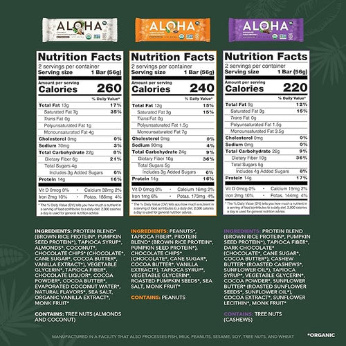 ALOHA Organic Plant Based Protein Bars - 6 Flavor Variety Pack - 12 Count 1.9oz Bars - Vegan Snacks Low Sugar Gluten-Free Low Carb Paleo Non-GMO Stevia-Free No Sugar Alcohol Sweeteners
