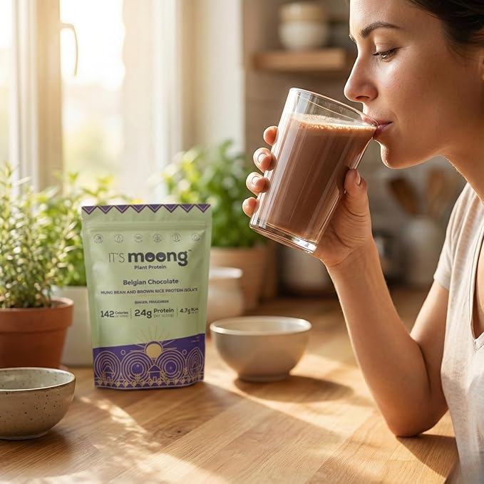 It’s Moong Plant Protein Powder Belgian Chocolate | Mung Bean &amp Brown Rice Protein Isolate Ginger &amp Fenugreek 24g Protein &amp 4.7g BCAA | Vegan Gluten Free Dairy Free Sugar Free | 17.6