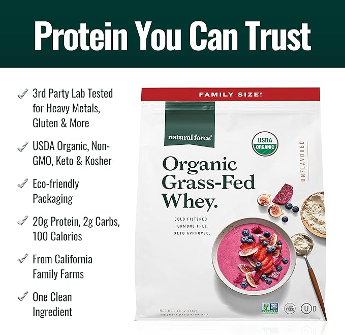 Natural Force Grass Fed Organic Whey Unflavored A2 Protein Powder 5 LB Organic Clean Collagen Peptides Powder Unflavored 32oz