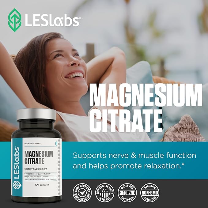 LES Labs Magnesium Citrate – Stress Relief Restful Sleep Heart Health Metabolism Nerve &amp Muscle Function – Non-GMO Supplement – 120 Capsules