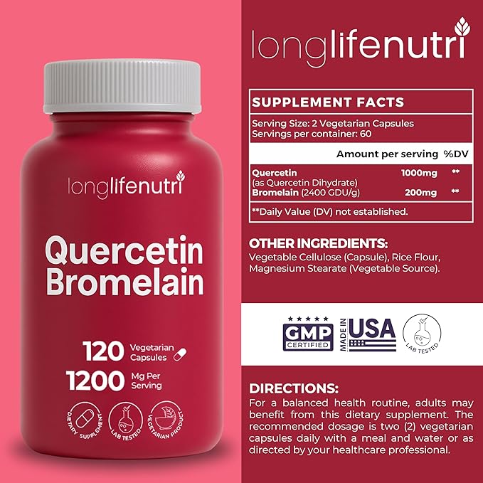 LongLifeNutri Hesperidin 1000 mg (240 Caps) &amp Quercetin 1000 mg + Bromelain 200 mg (120 Veg Caps) Bundle – 2–4 Month Supply Bioflavonoid &amp Enzyme Duo Non-GMO GMP Certified Made in USA