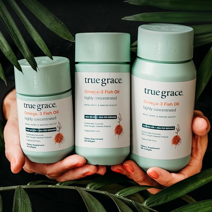 True Grace Omega-3 Fish Oil - 60 Softgels - 1400 mg EPA + DHA - Brain Heart Joint &amp Immune Health - Organic Gluten Free Soy Free