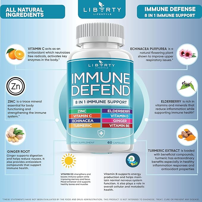 8 in 1 Immune Defense Support Immunity Vitamins Supplement Booster Zinc 50mg Vitamin C Elderberry VIT D3 5000 IU Turmeric Curcumin &amp Ginger Echinacea - Allergy Relief for Kids Adults (2 Pack)