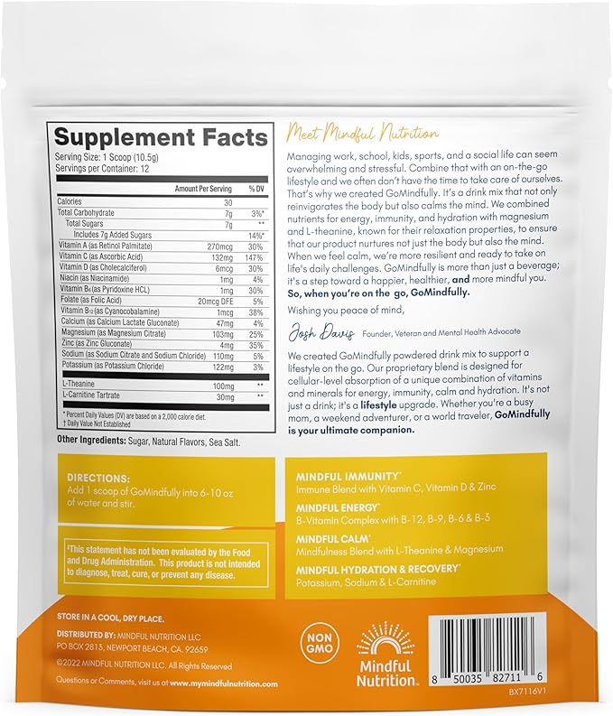 GoMindfully Orange Super Calm Magnesium Powder Drink Mix for Hydration Recovery Immunity and Energy with Trace Minerals Essential Vitamins L-Theanine and B Vitamin Complex