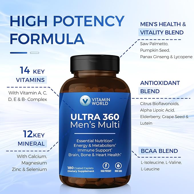Vitamin World Ultra 360 Multivitamin for Men Men's Multivitamin with Herbs &amp Antioxidants for Energy &amp Performance Supplement with Vitamin A C D E B12 &amp Zinc for Immune Support 180
