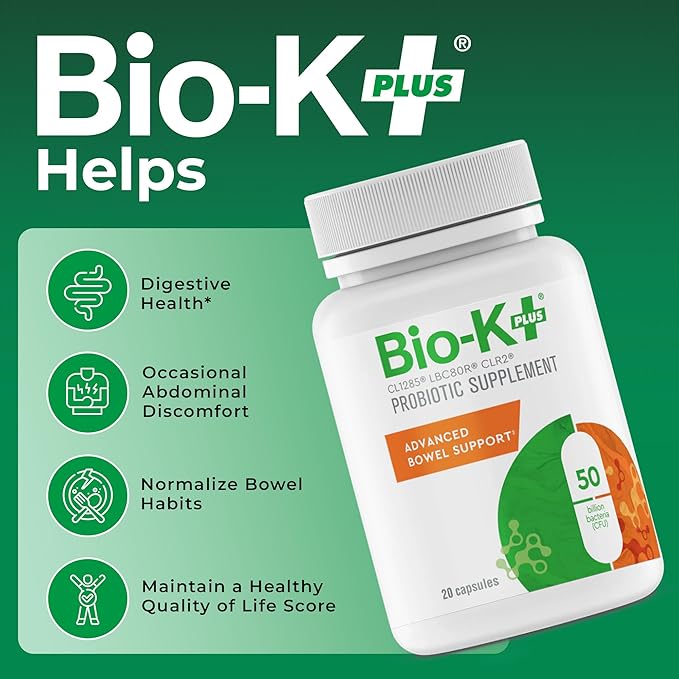 Bio-K+ Probiotic Advanced Bowel Support – 50 Billion CFU – Vegan Gluten-Free Non-GMO – Supports Digestive Health &amp Regularity – for Men &amp Women – 20 Probiotic Capsules