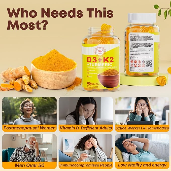 Vitamin D3 K2 Gummies &amp Turmeric for Women &amp Men Vitamin D3 5000IU / 10000IU K2 (MK-7) 200mcg Supplements with Turmeric 1200mg Calcium Magnesium Zinc Supports Bone Teeth Energy &amp I