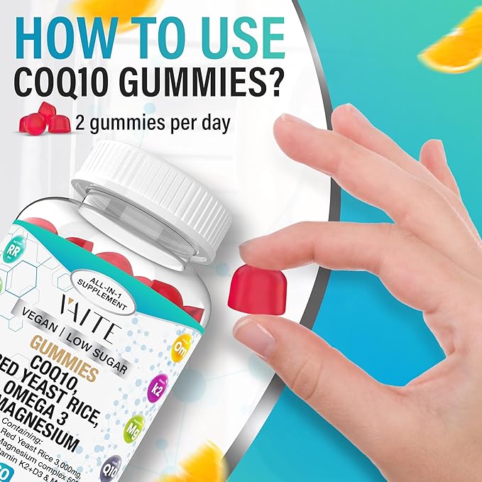 CoQ10 200mg Gummies with Red Yeast Rice &amp Magnesium Glycinate – Omega-3 Zinc and Vitamin K2+D3 for Overall Health – Supplements for Adults – 60 Chewable Gummies