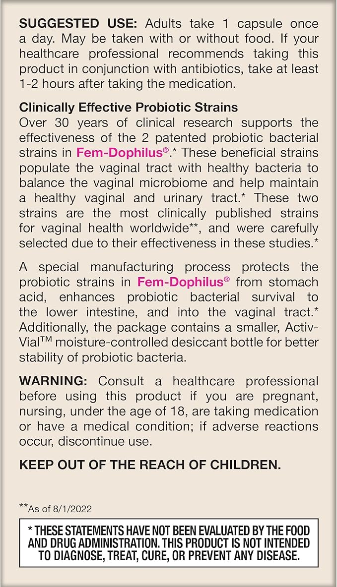Jarrow Formulas Fem-Dophilus Probiotics 1 Billion CFU with 2 Science-Backed Strains Dietary Suppl for Vaginal and Urinary Tract Supp60 Veggie CapsUp to a 60 Day Supply Shelf-Stable12 Packs