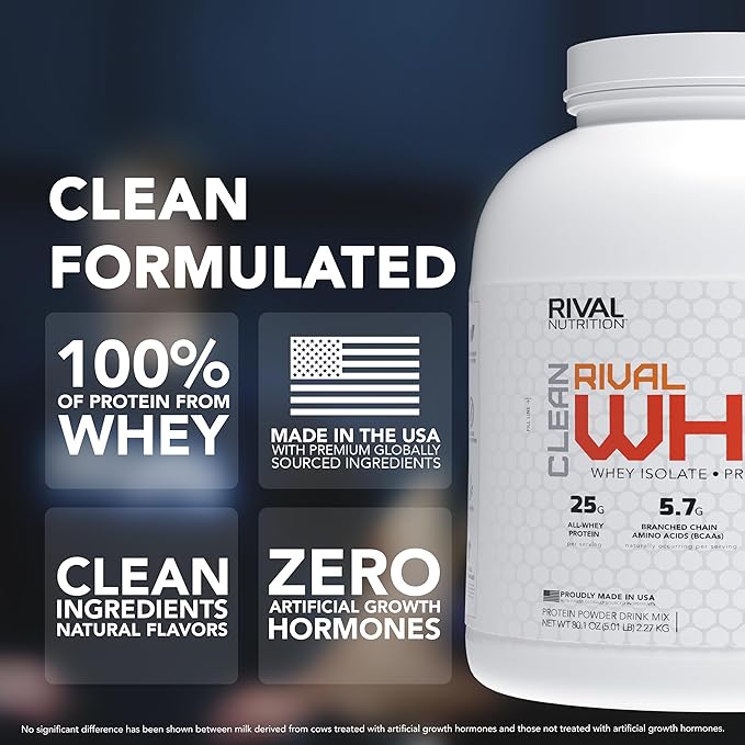 RIVAL NUTRITION Clean Rival Whey – 5LB Unflavored – 100% Whey Protein Powder Whey Isolate Primary Source | 25g Protein Muscle Gain/Recovery | All Natural No Artificial Ingredients - 72 Servings