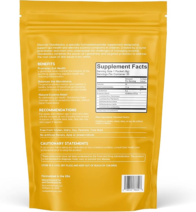 Root &amp Harmony Glutabiotics Kids Probiotic &amp L-Glutamine Powder – Daily Children's Gut Health Skin &amp Immune Support Supplement Unflavored Dairy Free Gluten Free 10 Billion CFU 30ct B