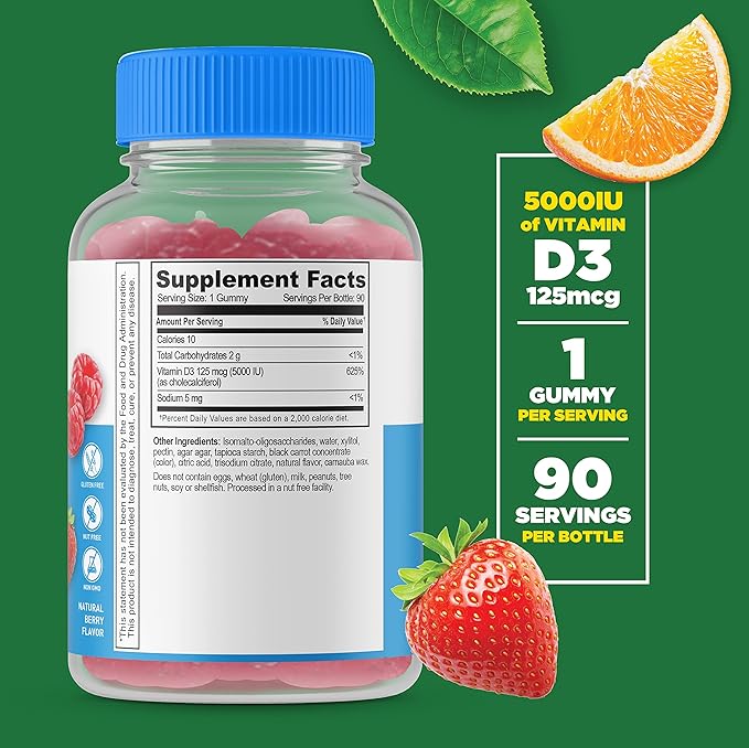 Lifeable Sugar Free Prebiotic Fiber + Vitamin D 5000 IU Gummies Bundle - Great Tasting Vitamin Supplement Gluten Free GMO Free Chewable Gummy