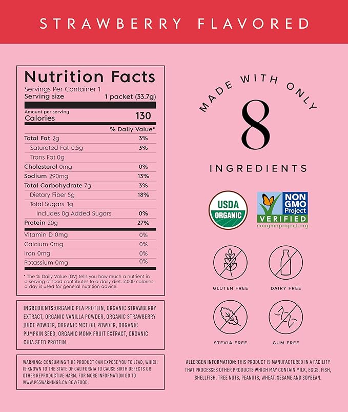 Truvani Vegan Pea Protein Powder | Strawberry | 20g Organic Plant Based Protein | Single Serving Travel Packets | 10 Servings | Keto | Gluten &amp Dairy Free | Low Carb | No Added Sugar