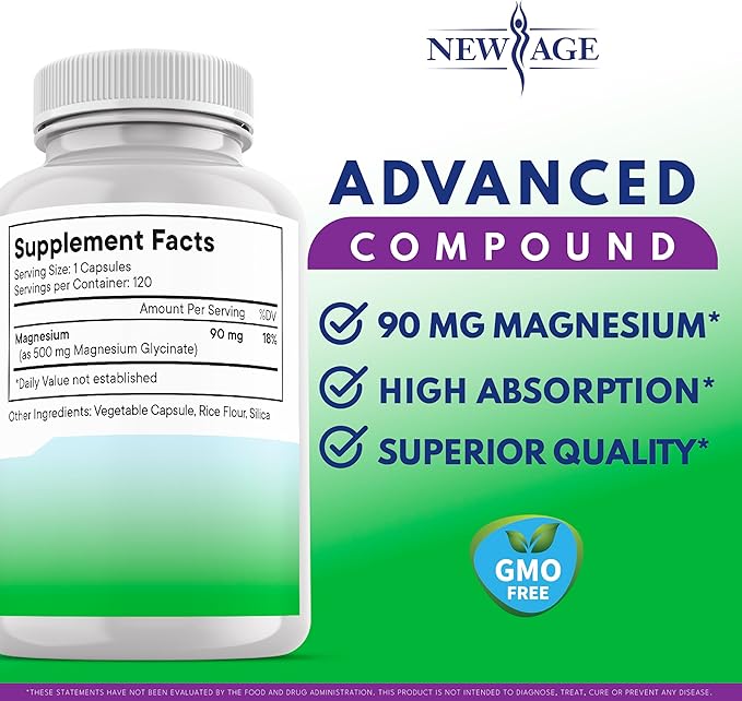 Magnesium Glycinate 500mg | 90mg Elemental Magnesium Supplement- High Absorption Non Buffered Non-GMO &amp No Gluten - Muscle &amp Bone Health - 360 Vegan Capsules