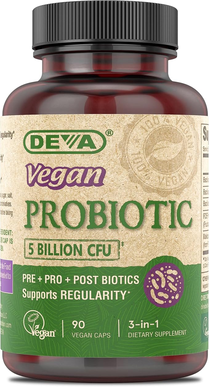 DEVA Vegan Probiotic Supplement - Pre Pro and Postbiotics for Digestive Health 5 Billion CFU Soil-Based Spore-Forming Dairy Free FOS Prebiotics for Women and Men Vegan Capsules 90 Count