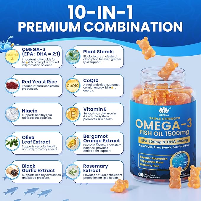 Fish Oil Omega 3 Gummies 1500mg for Adults - Triple Strength with EPA &amp DHA COQ10 Red Yeast Rice - Wild Caught Omega 3 Fatty Acids Supplements for Hḙar-t &amp Brain - Sugar Free Burpless 120