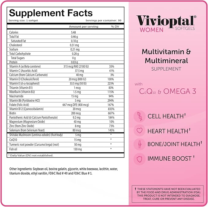 Vivioptal Women 30 Capsules CoQ10 &amp Omega-3 Multivitamin &amp Multimineral Gluten Free German Formula