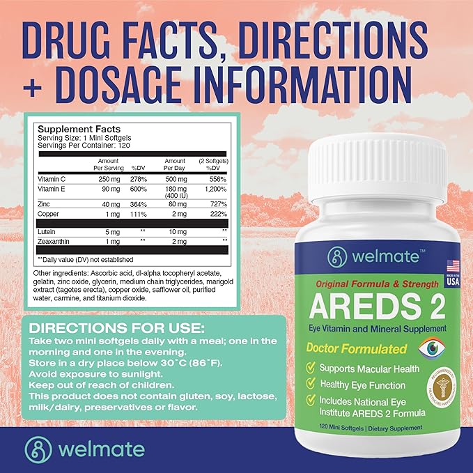 WELMATE - AREDS 2 (60 Servings) - Eye Vitamin and Mineral Supplement - Vitamin C Zinc Lutein Zeaxanthin - Macular Health - Doctor Formulated &amp Tested - Eye Care - Gluten Free - 120 Mini Softgel